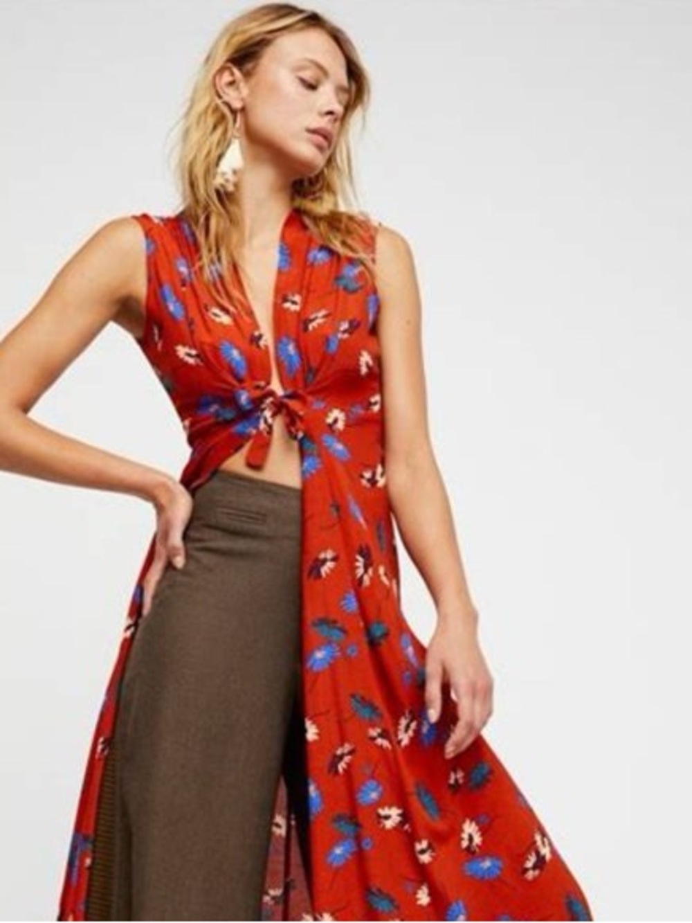 Free People Desert Drifter Floral Sleeveless Duster Front Tie